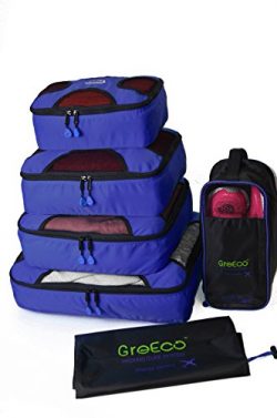 GreEco 4 Pcs Packing Cubes Plus 1 Pc Laundry Bag and 1 Pc Shoe Bag Royal Blue