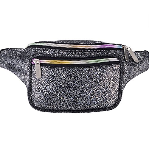 Miracu Holographic Neon Fanny Packs for Women, Fashion Cute Fanny Pack for Rave, Festival (Black)