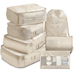 Packing Cubes 7 Pcs Travel Luggage Packing Organizers Set with Toiletry Bag (Beige)
