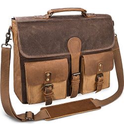 Mens Messenger Bag Vintage Genuine Leather Large Laptop Briefcase 15.6 Inch Waterproof Waxed Can ...