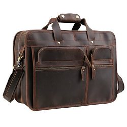 Texbo Men’s Solid Full Grain Cowhide Leather Large 17 Inch Laptop Briefcase Messenger Bag Tote