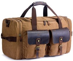 SUVOM Weekender Duffle Bag Canvas Leather Travel Luggage Oversized Holdalls, Coffee