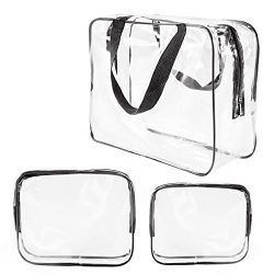 3Pcs Crystal Clear Cosmetic Bag TSA Air Travel Toiletry Bag Set with Zipper Vinyl PVC Make-up Po ...