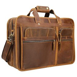 Texbo Men’s Solid Full Grain Cowhide Leather Large 17 Inch Laptop Briefcase Messenger Bag Tote