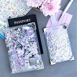 Clear & Purple Rose Glitter Passport Holder and Luggage Tag Set for Women, Handmade Cute Tra ...