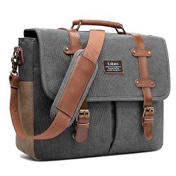 LOKASS Men Laptop Messenger Bag Vintage Genuine Leather Canvas Satchel 15.6 Inch Laptop Shoulder ...