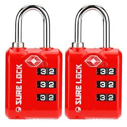 SURE LOCK TSA Approved 3 Digit Luggage Locks With Zinc Alloy Body and Hardened Steel Shackle To  ...