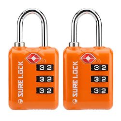 SURE LOCK TSA Approved 3 Digit Luggage Locks With Zinc Alloy Body and Hardened Steel Shackle To  ...
