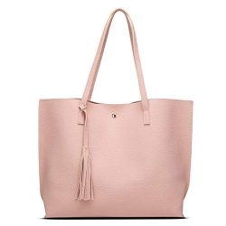 Women Girls Tassels Leather Tote Shoulder Bags Satchel Handbags Large Laptop Purses (Pink)