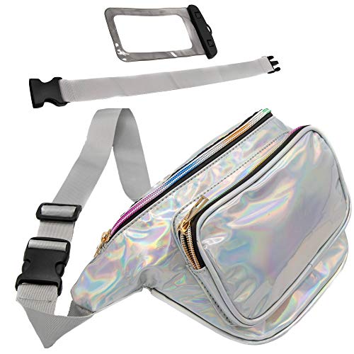 Holographic Fanny Pack with Belt Extender – Plus Waterproof Phone Pouch – 3 Pockets, ...