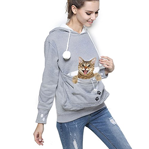 Womens Pet Carrier Shirts Kitten Puppy Holder Sweatshirt Animal Pouch Hood Tops Grey