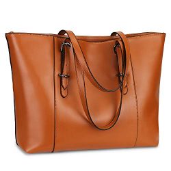 YALUXE Genuine Leather Womens Laptop Tote Large Bag Fits Up to 15.6 in Vintage Style Soft Leathe ...