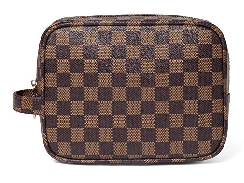 Daisy Rose Luxury Checkered Make Up Bag | PU Vegan Leather Cosmetic toiletry Travel bag (Brown ...