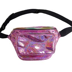 Holographic Fanny Pack Metallic 80s Waist Pack for Women and Men-Adjustable Running Belt Travel  ...