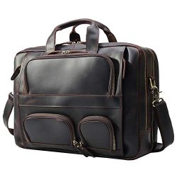 Texbo Men’s Solid Top Cowhide Leather Large 17.3 Inch Laptop Briefcase Messenger Bag Tote  ...