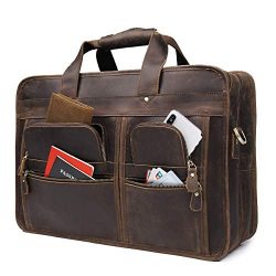 Augus 17 inch Full Grain Leather Laptop Briefcases for Men Business Travel Messenger Bag，Brown