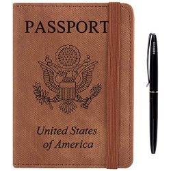 Passport Holder Cover Case -Denim Style Leather RFID Blocking For Women Men With Bonus Pen (Brown)