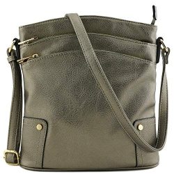 Triple Zip Pocket Large Crossbody Bag (Pewter)