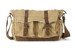 Gootium Canvas Messenger Bag – Vintage Shoulder Bag Frayed Style Satchel, Khaki