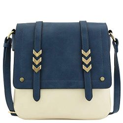 Double Compartment Large Two-Tone Colorblock Flapover Crossbody Bag Navy/Nude