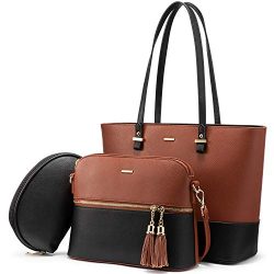 Handbags for Women Shoulder Bags Tote Satchel Hobo 3pcs Purse Set (Red Brown)