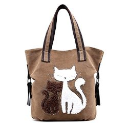 MIFXIN Women Canvas Shoulder Bag, Lovely Cat Bag Casual Handbag Shopping Bag Travel Beach Tote B ...