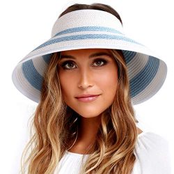 Sun Visor Hats for Women Wide Brim Straw Roll Up Ponytail Summer Beach Hat UV UPF 50 Packable Fo ...