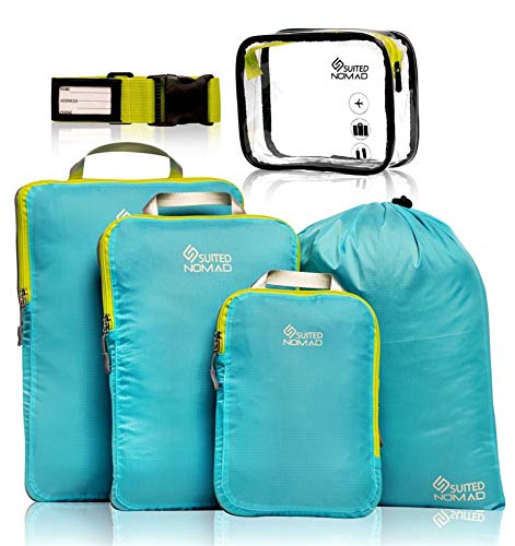 SuitedNomad Compression Packing Cubes Set,Ultralight Travel Organizer Bags (Caribbean Blue, 6Piece)
