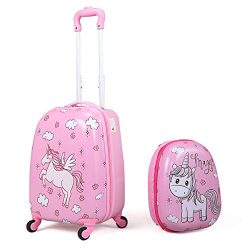 JAXPETY 2Pc 12″ 16″ Kids Carry On Luggage Set Upright Hard Side Hard Shell Suitcase  ...