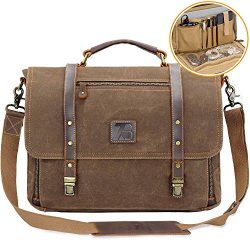 Men’s Messenger Bag Vintage Genuine Leather Briefcase Shoulder Bag 15.6 Inch Waxed Canvas  ...