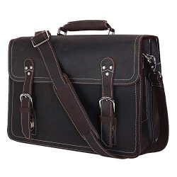 Polare Retro Full Grain Leather Business Travel Briefcase Messenger Laptop Bag with YKK Zippers