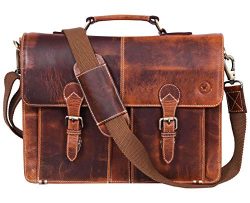 15.5″ Leather Briefcase Messenger Bag for Laptop by Aaron Leather (Brown)