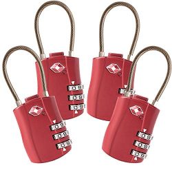 4 Pack TSA Approved Travel Luggage Combination Cable Locks for Suitcases, Backpake (Red)