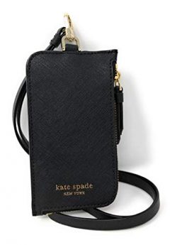 Kate Spade New York L-Zip Saffiano Leather Card Case Lanyard Black, Large