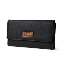 Nautica Money Manager RFID Women’s Wallet Clutch Organizer (Black (Brown Patch))