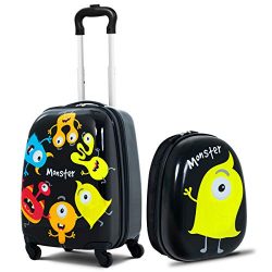 GYMAX Kids Carry On Luggage Set, 12″ & 16″ 2PCS Kids Suitcase with Adjustable Tr ...