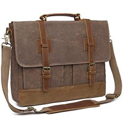 Messenger Bag for Men 15.6inch Waterproof Waxed Canvas Genuine Leather Briefcase Computer Laptop ...