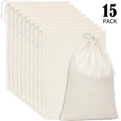 15 Packs Cotton Muslin Bags with Drawstring, Natural Color (13.8 x 10 Inches)